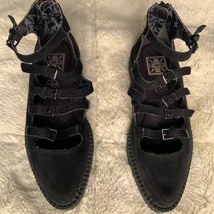 T.U.K Black faux suede Mary Jane multi strap creeper sz 9